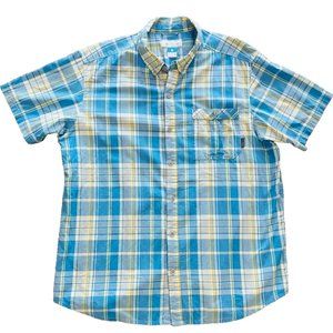 Columbia Short Sleeve Button Down Pocket Collar Shirt Men XL Blue Yellow Plaid